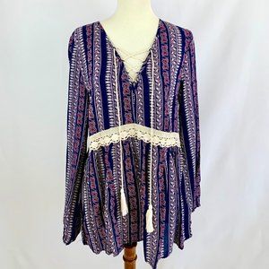 Purple Patterned Peasant Blouse w/ Crochet Detail